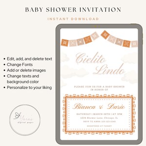 Op de afbeelding: Een digitale, afdrukbare babyborrel-uitnodiging met een lichtbruin en wit kleurenschema. De uitnodiging heeft een decoratieve rand met een traditioneel Mexicaans ontwerp. De tekst luidt "Cielito Lindo" en "Bianca & Dario".
