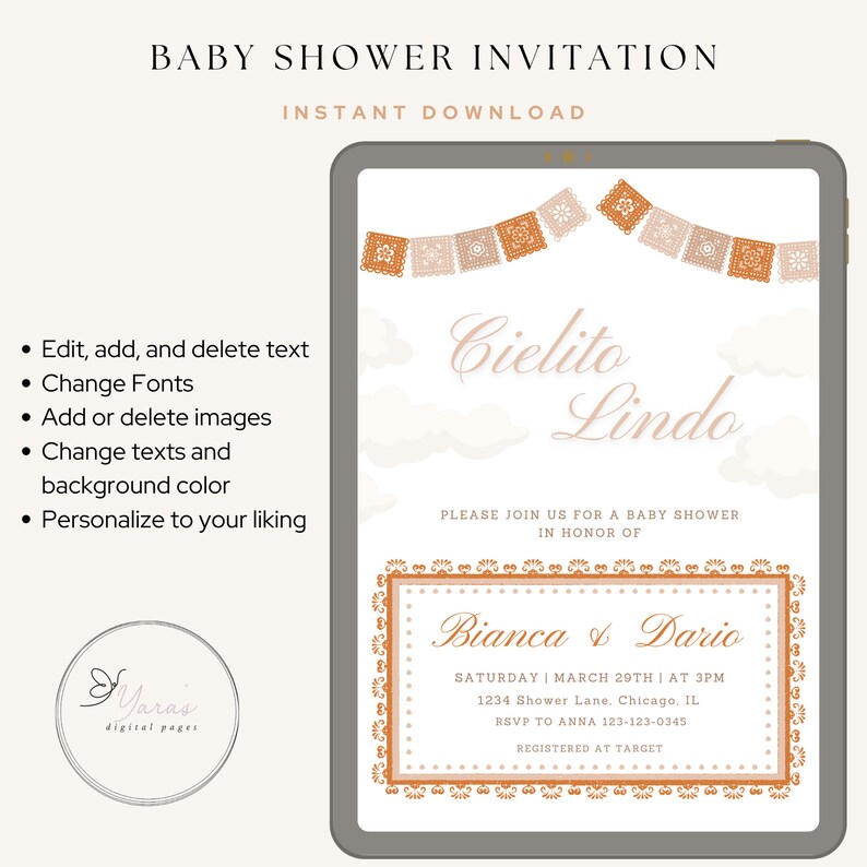 Op de afbeelding: Een digitale, afdrukbare babyborrel-uitnodiging met een lichtbruin en wit kleurenschema. De uitnodiging heeft een decoratieve rand met een traditioneel Mexicaans ontwerp. De tekst luidt "Cielito Lindo" en "Bianca & Dario".
