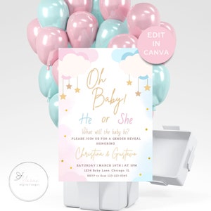 Oh Baby Gender Reveal Invite - He or She Gender Reveal Invite - Gender Reveal Party - Blue or Pink - Editable Template - Instant Download