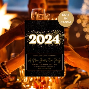 Invitation du Nouvel An 2024 - Invitation à la fête du Nouvel An - Happy New Year - Modèle numérique modifiable