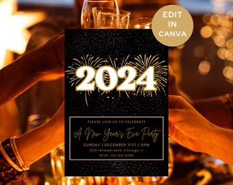 Convite de Ano Novo 2024 - Convite para Festa de Ano Novo - Feliz Ano Novo - Modelo Digital Editável