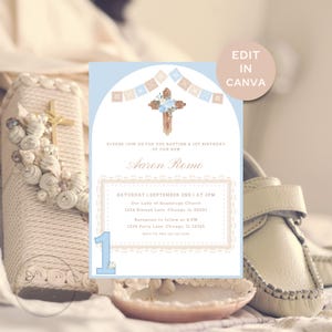 May include: A baptism and first birthday invitation with a light blue background and a cross with floral accents. The invitation includes the name "Aaron Romo" and event details. A decorative box and a baby shoe are also visible.