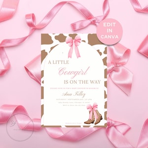 A Little Cowgirl Is On The Way Baby Shower Invitation, A Little Cowgirl Baby Shower Invite, Pink Bow and Cowgirl Boot Shower Invite