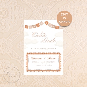 Op de afbeelding: Een babyborrel uitnodiging met een perzikkleurige achtergrond en een witte kaart met oranje en perzikkleurige versieringen. De tekst op de kaart luidt "Cielito Lindo" en "We nodigen u uit voor een babyborrel ter ere van Bianca & Dario". De uitnodiging bevat de datum, tijd, locatie, RSVP-informatie en registratie-informatie.