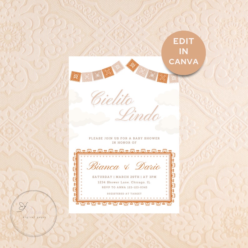 Op de afbeelding: Een babyborrel uitnodiging met een perzikkleurige achtergrond en een witte kaart met oranje en perzikkleurige versieringen. De tekst op de kaart luidt "Cielito Lindo" en "We nodigen u uit voor een babyborrel ter ere van Bianca & Dario". De uitnodiging bevat de datum, tijd, locatie, RSVP-informatie en registratie-informatie.