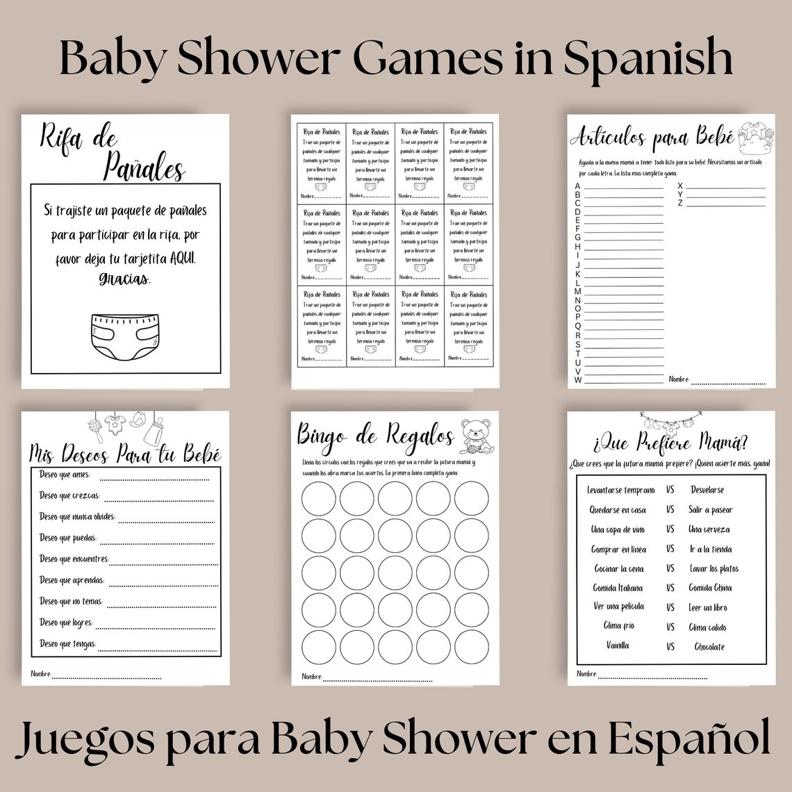 Baby Shower Games | Bundle of 8 Spanish Baby Shower Games | Spanish