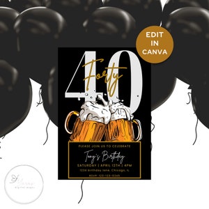 Convite de aniversário de 40 anos, convite para cerveja, brindes e cervejas, convite de aniversário masculino, modelo digital editável