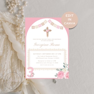 Baptism and 3rd Birthday Invitation, Papel Picado Baptism Invitation, Mi Bautizo Invitation, Papel Picado Bautizo, Girl Baptism Invitation