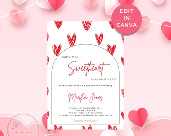 May include: A pink and white baby shower invitation with a red heart pattern and the text "Our Little Sweetheart is Almost Here!"  Please join us for a baby shower honoring Martha Jones. Saturday, February 12th, 2024, 2:00 PM - 3:00 PM, The Rose Garden Banquet Hall, 1234 Heartfelt Lane, Cupidtown, Loveville, 56789. Registered at Target.