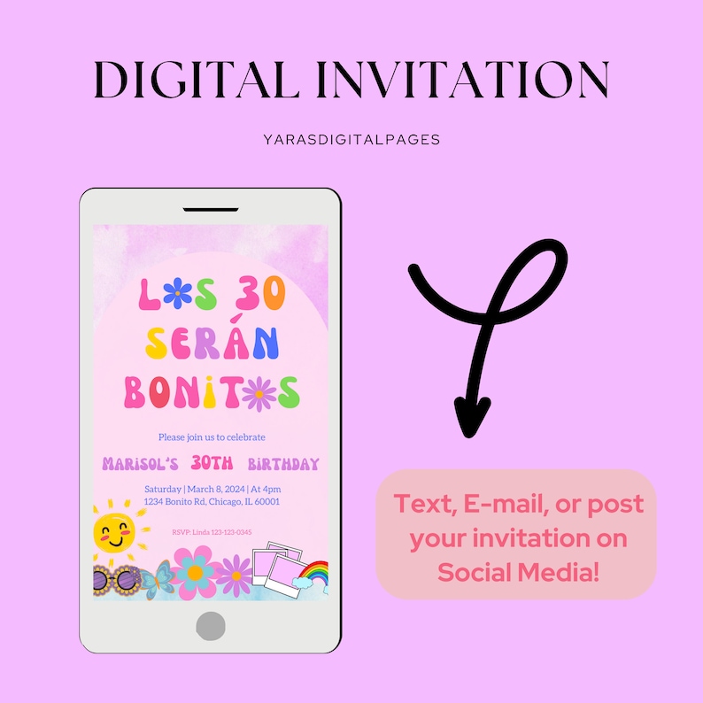 May include: A digital invitation for a 30th birthday party with a colorful, retro design. The text reads "L*S 30 SERAN BONIT*S" and "MARISOL'S 30TH BIRTHDAY". The invitation includes the date, time, and location of the party, as well as an RSVP number.