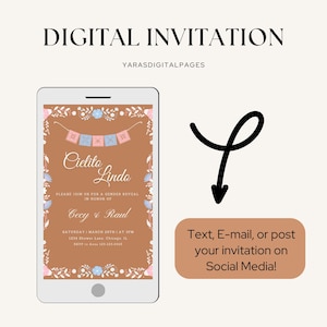 K&ouml;nnte beinhalten: Eine digitale Einladung zu einer Gender-Reveal-Party mit braunem Hintergrund, floralem Rand und dem Text "Cielito Lindo" in einer dekorativen Schriftart. Die Einladung enth&auml;lt die Namen "Cecy & Raul" sowie Datum und Uhrzeit der Veranstaltung.