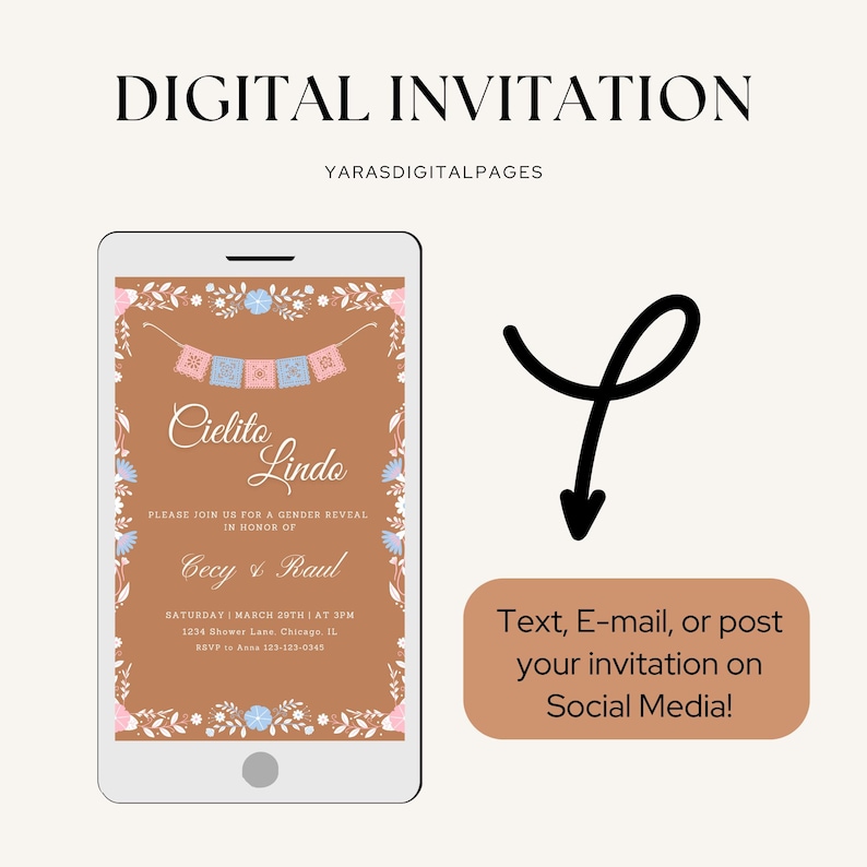 K&ouml;nnte beinhalten: Eine digitale Einladung zu einer Gender-Reveal-Party mit braunem Hintergrund, floralem Rand und dem Text "Cielito Lindo" in einer dekorativen Schriftart. Die Einladung enth&auml;lt die Namen "Cecy & Raul" sowie Datum und Uhrzeit der Veranstaltung.