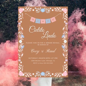 K&ouml;nnte beinhalten: Eine braune Karte mit einem floralen Rand und einer Einladung zu einer Geschlechterenth&uuml;llung. Der Text lautet "Cielito Lindo" und "Bitte schlie&szlig;en Sie sich uns zu einer Geschlechterenth&uuml;llung zu Ehren von Cecy & Raul an". Datum und Uhrzeit der Veranstaltung sind mit "Samstag, 29. M&auml;rz um 15:00 Uhr" angegeben. Die Adresse lautet "1234 Shower Lane, Chicago, IL". Die RSVP-Informationen lauten "RSVP an Anna 123-123-0345".