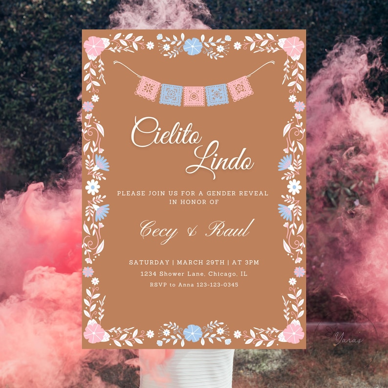K&ouml;nnte beinhalten: Eine braune Karte mit einem floralen Rand und einer Einladung zu einer Geschlechterenth&uuml;llung. Der Text lautet "Cielito Lindo" und "Bitte schlie&szlig;en Sie sich uns zu einer Geschlechterenth&uuml;llung zu Ehren von Cecy & Raul an". Datum und Uhrzeit der Veranstaltung sind mit "Samstag, 29. M&auml;rz um 15:00 Uhr" angegeben. Die Adresse lautet "1234 Shower Lane, Chicago, IL". Die RSVP-Informationen lauten "RSVP an Anna 123-123-0345".