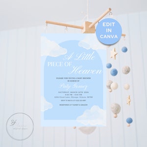 A Little Piece of Heaven Shower Invite - Boy Baby Shower Invite - Cloud Baby Shower - On Cloud Nine - Editable Template - Instant Download