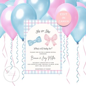 Coquette Gender Reveal Invite - He or She Gender Reveal - Gender Reveal Party - Blue or Pink - Editable Template, Instant Download