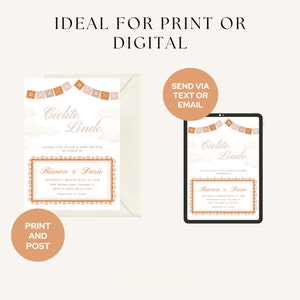 Op de afbeelding: Een afdrukbare of digitale babyshower-uitnodiging in een perzik- en bruine kleurstelling. De uitnodiging heeft een banner van Mexicaanse papieren vlaggen met de tekst "Cielito Lindo" en de namen "Bianca & Dario".