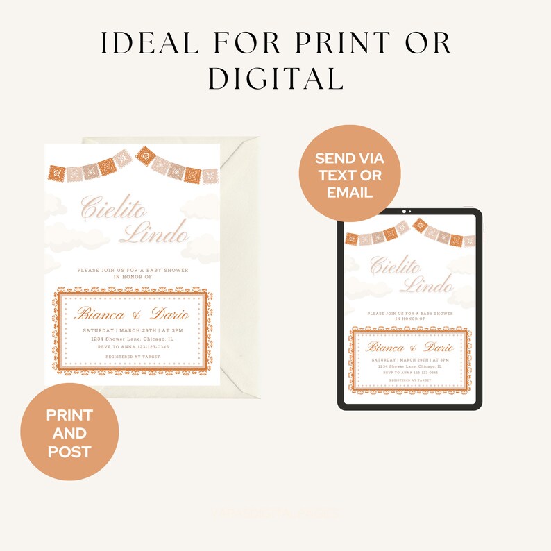 Op de afbeelding: Een afdrukbare of digitale babyshower-uitnodiging in een perzik- en bruine kleurstelling. De uitnodiging heeft een banner van Mexicaanse papieren vlaggen met de tekst "Cielito Lindo" en de namen "Bianca & Dario".