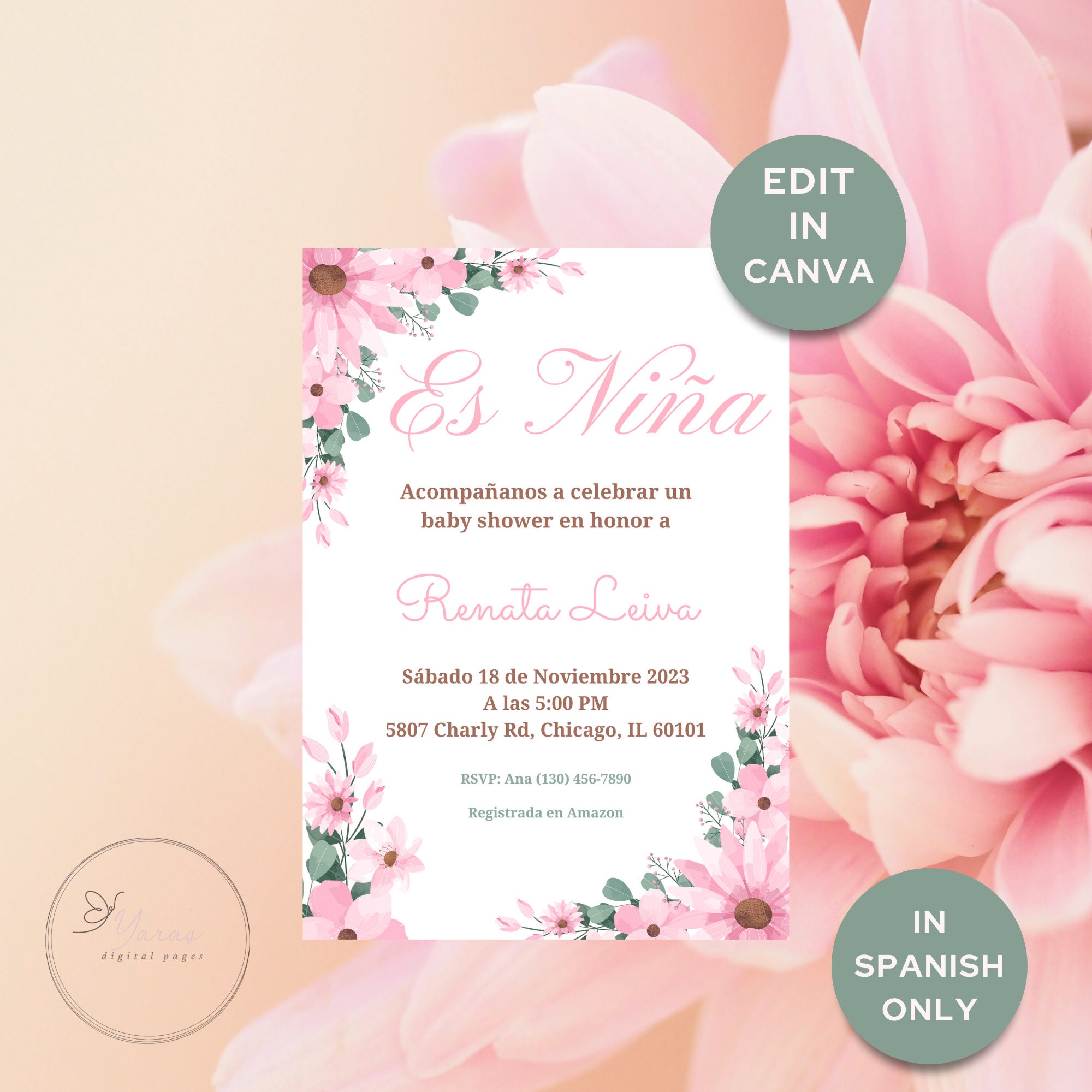Es Niña - Baby Shower Invite in Spanish - It's a Girl - Spanish Language - Instant Download - Editable Template - Invitacion de Baby Shower