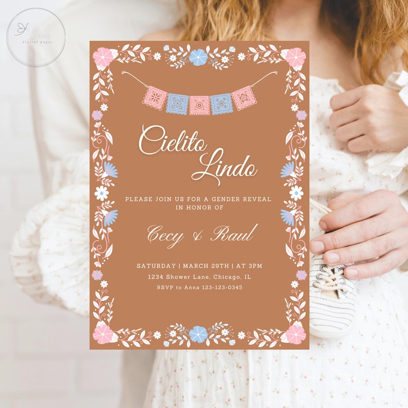 K&ouml;nnte beinhalten: Eine Einladung zu einer Gender-Reveal-Party mit braunem Hintergrund und floralem Rand. Der Text lautet "Cielito Lindo" und enth&auml;lt Details zur Veranstaltung, einschlie&szlig;lich Datum, Uhrzeit und Ort. Die Einladung zeigt eine Girlande aus bunten Papierflaggen.