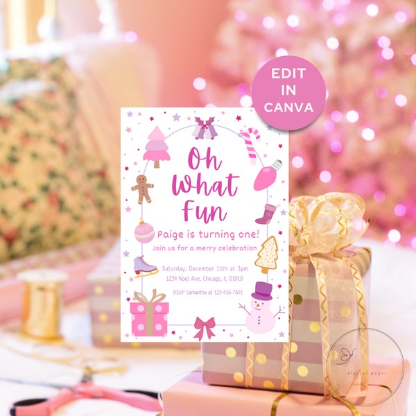 Oh What Fun Birthday Invite - Editable Christmas Birthday Invitation -  Oh What Fun It Is to Turn One - Instant Download