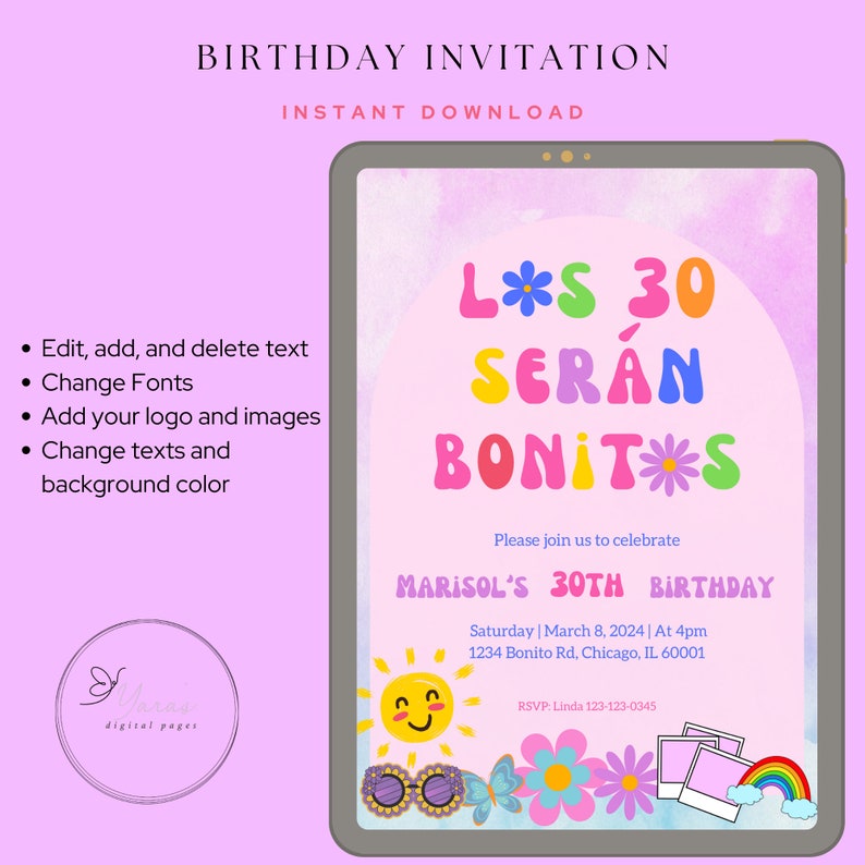 May include: A pink and white digital birthday invitation with a colorful graphic of the text "Los 30 Seran Bonitos" with flowers. The invitation includes the text "Marisol's 30th Birthday" and details for the event.