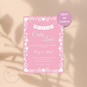 Invito per baby shower rosa Cielito Lindo, Invito per baby shower ragazza Cielito Lindo, Invito per baby shower rosa Papel Picado