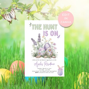 May include: An invitation to an Easter egg hunt at the Ayalas Residence. The invitation features a watercolor illustration of Easter eggs with purple and white floral accents. The event is scheduled for Sunday, March 31, 2024, from 2:00 PM to 5:00 PM at 1234 Maple Lane, Springfield. RSVP to Sarah at (555) 123-4567.