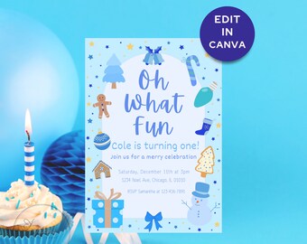 May include: A blue and yellow Christmas-themed birthday invitation for a boy's first birthday party. The invitation features a blue background with white stars and a white circle in the centre. The text "Oh What Fun" is written in blue letters inside the circle. The invitation also features a gingerbread man, a Christmas tree, a snowman, a stocking, a candy cane, a present, and a Christmas ornament. The text "Cole is turning one!" is written in blue letters below the circle. The invitation also includes the date, time, and location of the party. The text "RSVP Samantha at 123-456-7891" is written in blue letters at the bottom of the invitation.