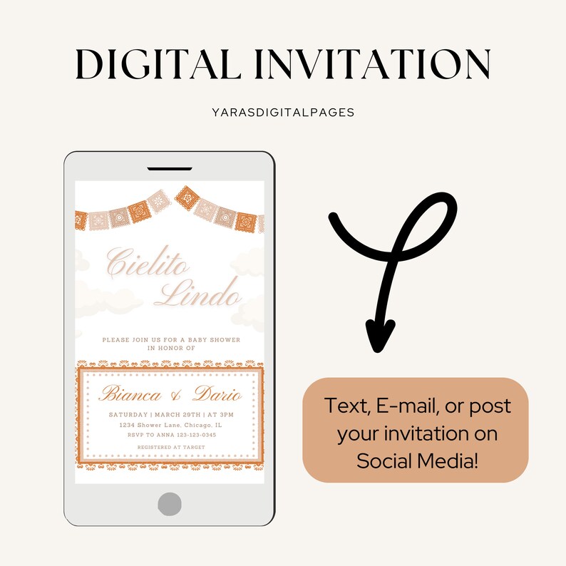 Op de afbeelding: Een digitale uitnodiging voor een babyshower met een feestelijk Mexicaans thema. De uitnodiging heeft een banner van kleurrijke papieren vlaggen met de tekst "Cielito Lindo" en de namen "Bianca & Dario". De uitnodiging bevat de datum, tijd, locatie en RSVP-informatie.