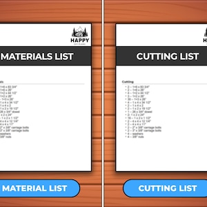 Puede incluir: Dos hojas blancas de papel con texto negro. La hoja superior tiene el t&iacute;tulo "LISTA DE MATERIALES" y la hoja inferior tiene el t&iacute;tulo "LISTA DE CORTE". Ambas hojas tienen un logotipo en la parte superior que dice "HAPPY DIY PLANS".