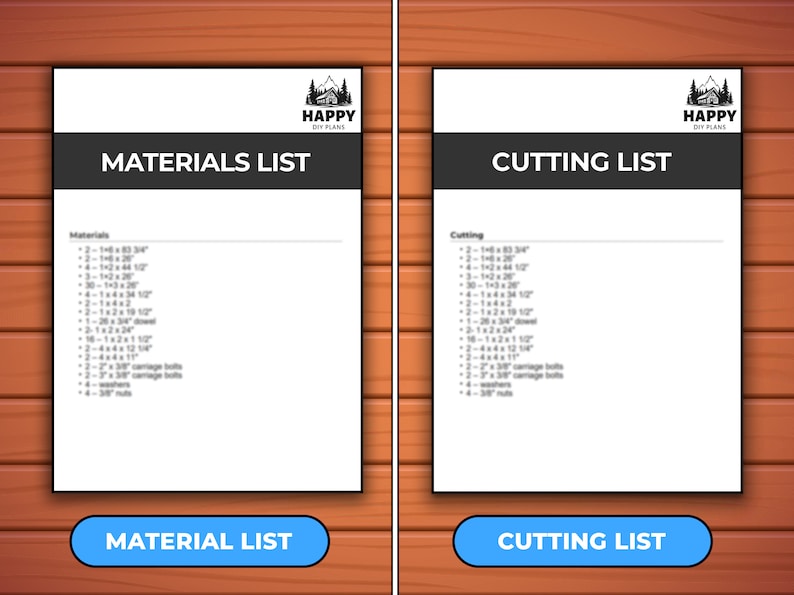 Puede incluir: Dos hojas blancas de papel con texto negro. La hoja superior tiene el t&iacute;tulo "LISTA DE MATERIALES" y la hoja inferior tiene el t&iacute;tulo "LISTA DE CORTE". Ambas hojas tienen un logotipo en la parte superior que dice "HAPPY DIY PLANS".