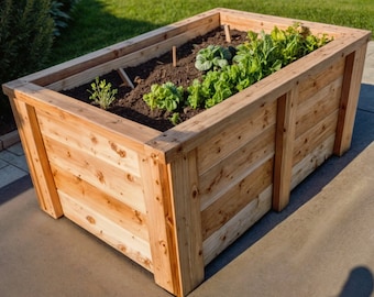 May include: A wooden raised garden bed with a variety of green plants growing in it. The bed is made of natural cedar wood and has a rustic look.