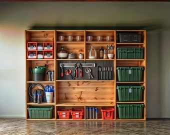 May include: A wooden shelving unit with multiple shelves filled with various items, including storage containers, tools, and kitchen supplies. The shelves are made of natural wood and have a rustic look.