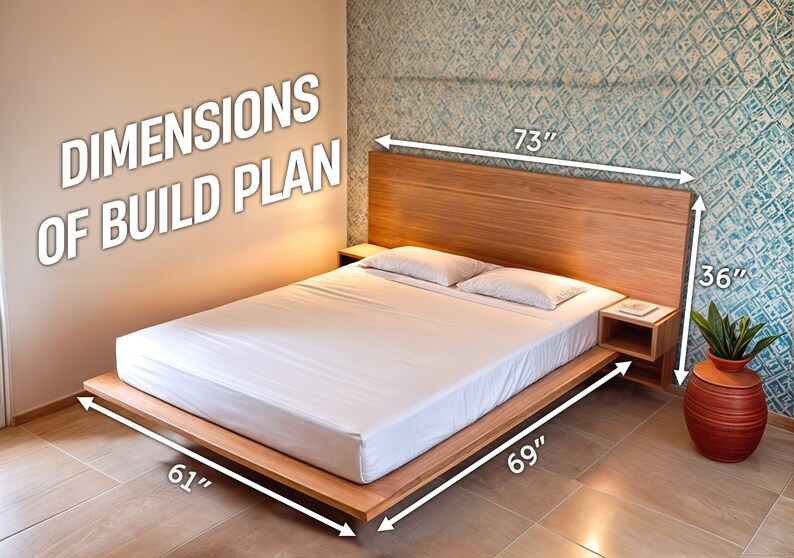 Puede incluir: Un marco de cama plataforma de madera con una cabecera, dos mesitas de noche y un colch&oacute;n blanco. El marco de la cama tiene 61 pulgadas de ancho, 69 pulgadas de largo y 36 pulgadas de alto. La cabecera tiene 73 pulgadas de ancho.
