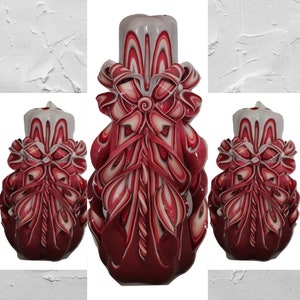 Carved Candles Set Of Three Handmade Gift Colorful Art Design Home Handcrafted Red White New