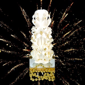 Carved Candle Christmas Gift Handmade Colorful Art Design White Gold New
