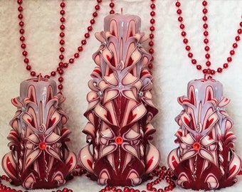 Carved Candles Handmade Home Decor Gift Colourful Art Design 25cm 10 inch Red Cream