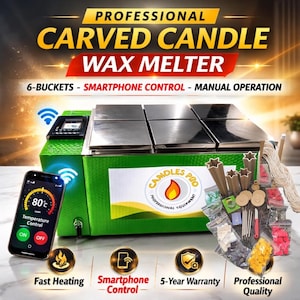 May include: A professional green and silver wax melter with the text "Professional Carved Candle Wax Melter". The melter has six buckets and smartphone control. A smartphone displays the temperature control. The image also shows candle-making supplies.