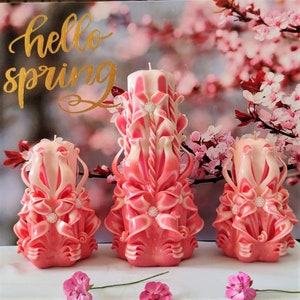 Carved Candles Set Home Decor handmade Gift Colourful Design Coral Pink Cream New