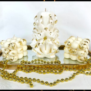 Carved Candles Christmas Set Home Decor Handmade Gift Colorful Design White Gold Set Of Three