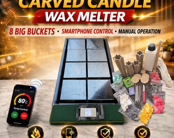 May include: A professional carved candle wax melter with eight large buckets, smartphone control, and manual operation. The unit features a digital temperature display, a smartphone showing an 80 degrees Celsius interface, and various candle-making accessories including star-shaped molds, wicks, and colored wax pieces.