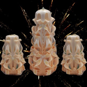 Carved Candles Home Decor Handmade Handcrafted Set Of Three Art Design Gift Orange Cream
