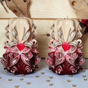 Carved Candles Home Dekor Handmade Design Gift Hand Cream Burgundy Set Of Two