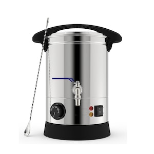 May include: A stainless steel electric water boiler with a black handle and a black base. It has a spigot with a blue handle and a temperature control knob. There is a silver stirring spoon next to the boiler.
