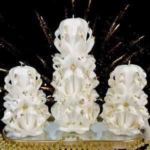 Carved Candles Christmas Gift Handmade Colorful Art Design White Gold Set Off Three New