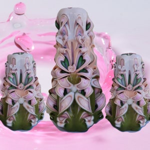 Carved Candles Home Decor handmade Gift Colourful Design Coral Pink Green Art