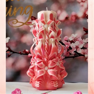 Carved Candles Handmade Home Pillar Gift Colorful Art Design Home Handcrafted Coral Cream New