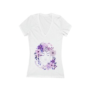 Women&#39;s Jersey Short Sleeve Deep V-Neck Tee &quot;Woman&#39;s face among flowers&quot; by MissLovita