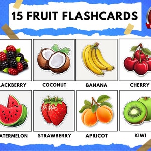 Cartes flash 15 fruits, cartes flash Montessori préscolaire, cartes flash imprimables, téléchargement immédiat